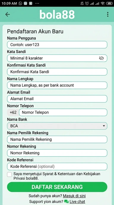 Tampilan halaman daftar bola88